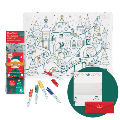 set réutilisable pour enfants sur le thème de Noel en silicone pour le restaurant ou autre activités le set est vendu avec des crayons et se lave à l'eau idée activités de la marque Super Petit le béguin de Charlie Tours
