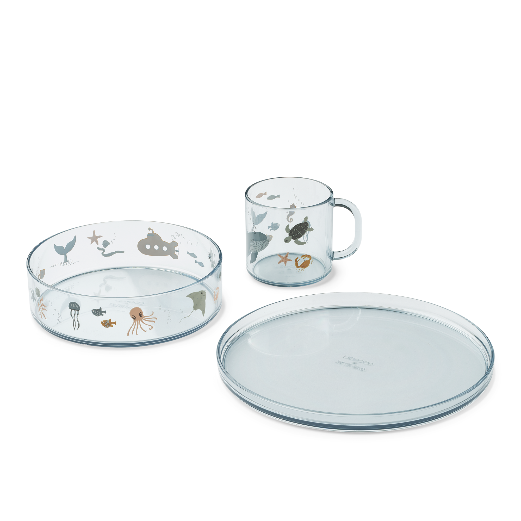 set-repas-viva-sea-creatures-liewood-le-beguin-de-charlie set de repas pour bébés et enfants avec assiette bol et tasse avec hanse au motif animaux de la mer de la marque Liewood chez le béguin de Charlie à Tours
