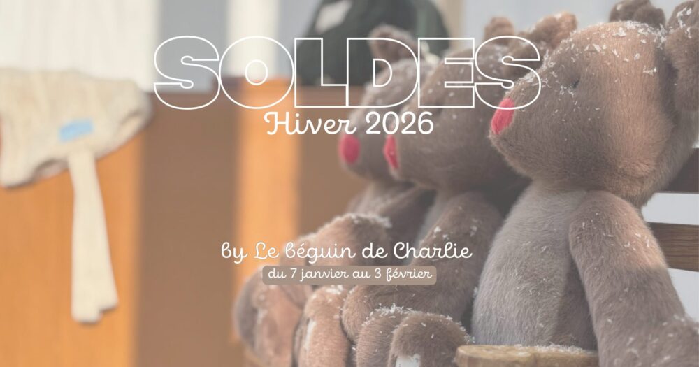 Peluches pour enfants exposées en vitrine avec l’inscription « Soldes Hiver 2026 ».