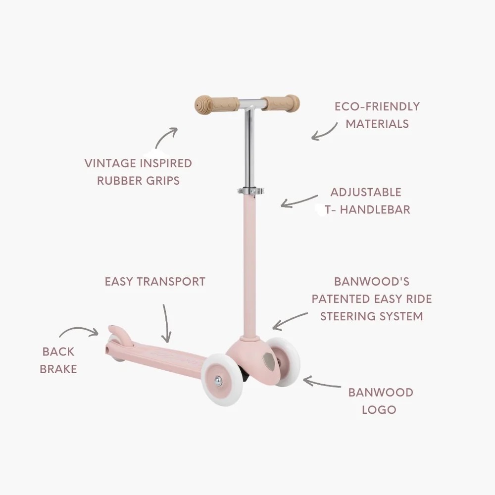 informations-trotinette-banwood-rose-délavé-le-beguin-de-charlie information de la trotinette / scooter rose délavé pour enfant de la marque Banwood