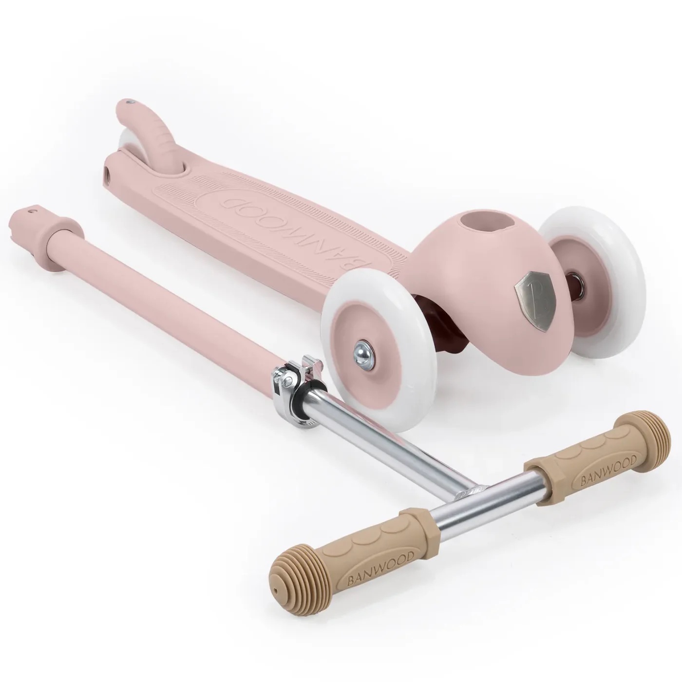 trotinette-banwood-rose-delavé-dépliée-le-beguin-de-charlie trotinette rose délavé pour enfant pliable de la marque Banwood idée de cadeau pour enfant
