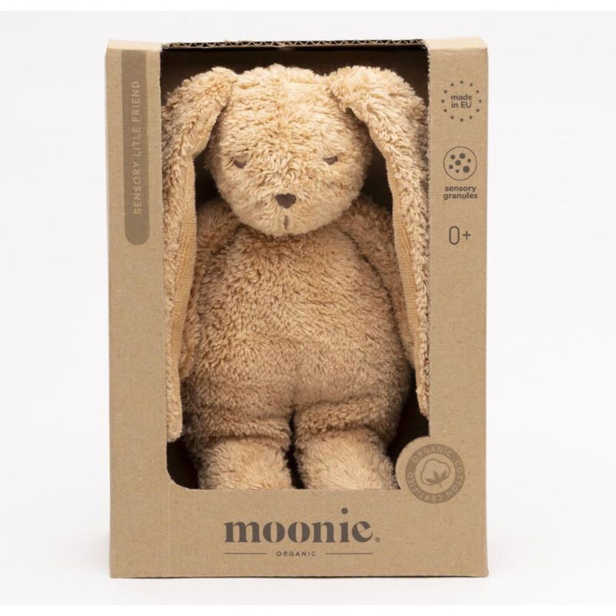 peluche bébé et enfant lapin aux grandes oreille couleur cappuccino peluche sensorielle dès la naissance de la marque Moonie