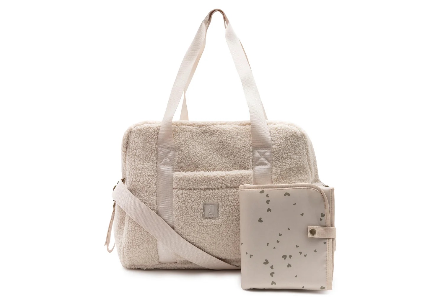 sac à langer Jollein en matière bouclette de couleur blanc crème vendu avec un petit tapis à langer nomade pour l'arrivée de bébé